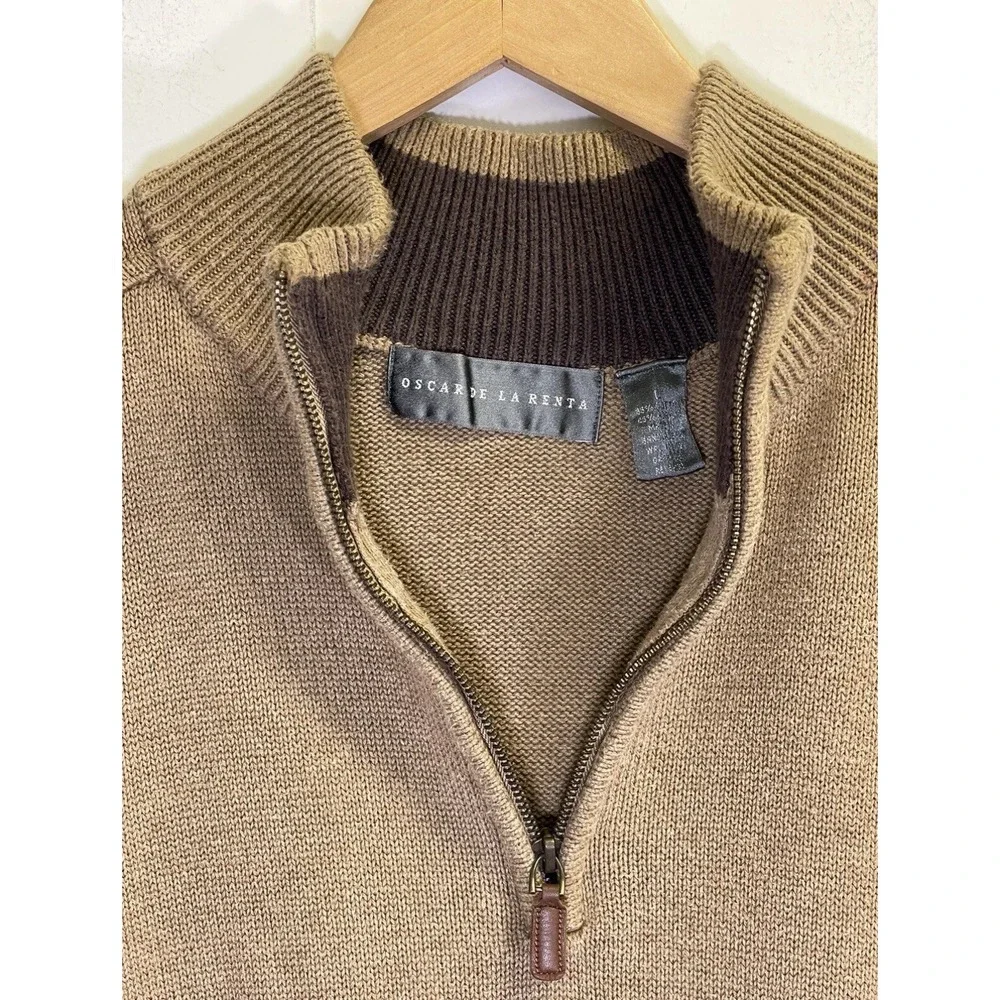 Oscar De La Renta Sweater Men Size Large 1/4 Zip Pullover Mock Neck‎ Beige